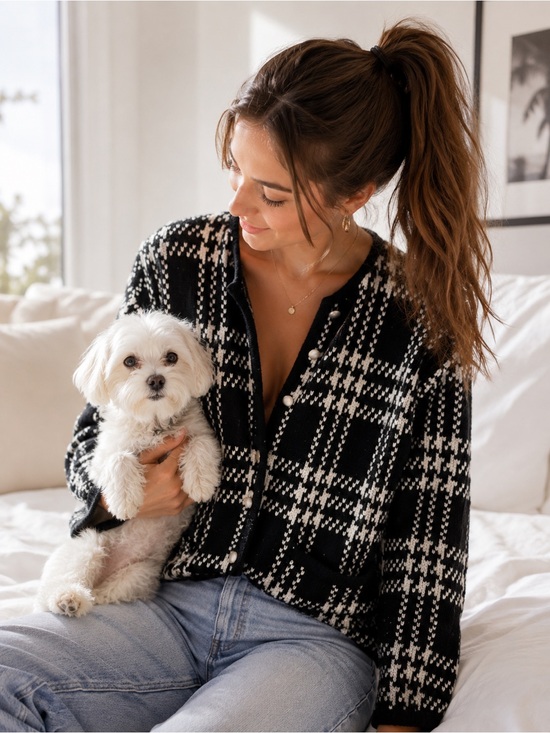 Tally Ho Sweaters - Vintage Plaid Cardigan Sweater Preppy Academia Black White M